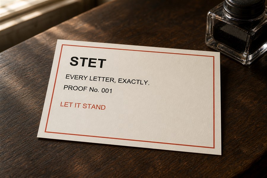 STET proof card on dark wood beside an ink pot — the first specimen made by the Stet press, every letter exact