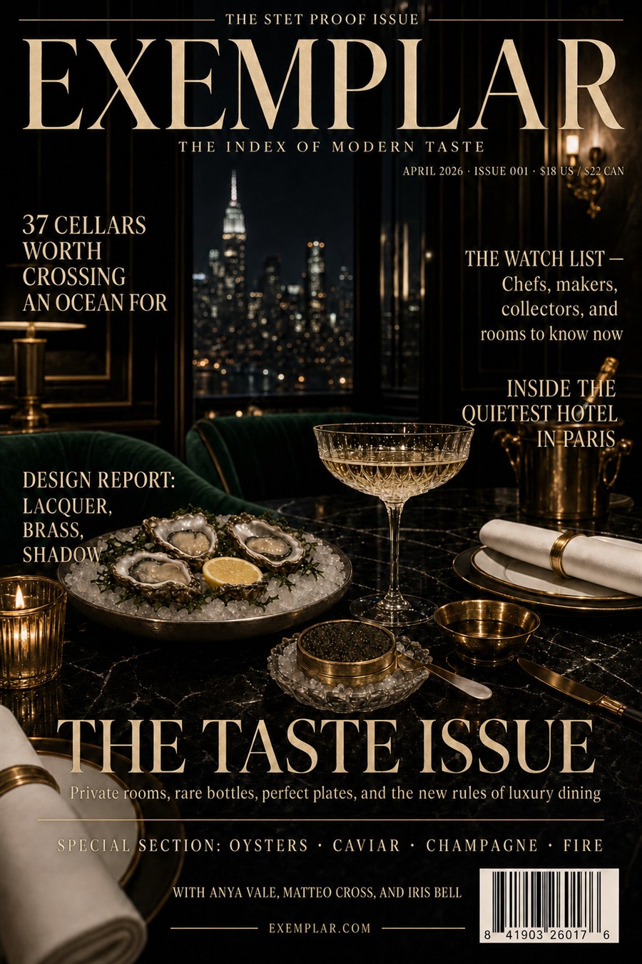 EXEMPLAR luxury magazine cover — 13 text fields, made by the Stet press, every letter exact