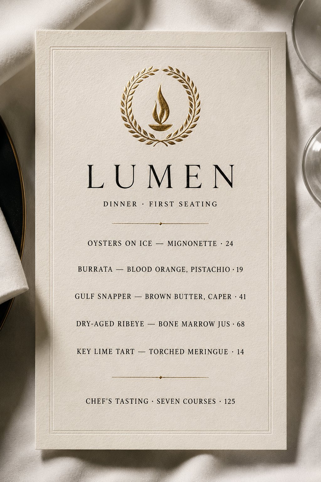 LUMEN dinner menu — specimen set by hand with the Stet method